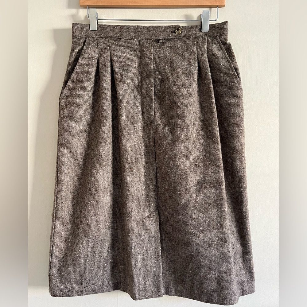 Vintage Brown Wool Tweed Pleated High Waist Skirt Knee Length M